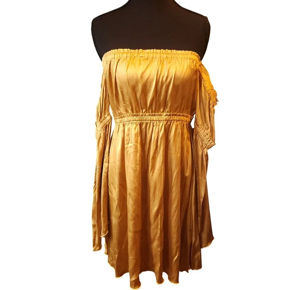 SHORE Shore Brand Off-the-Shoulder Mini Dress XL Gold Boho‎ Romantic NWT $198 - Picture 8 of 14